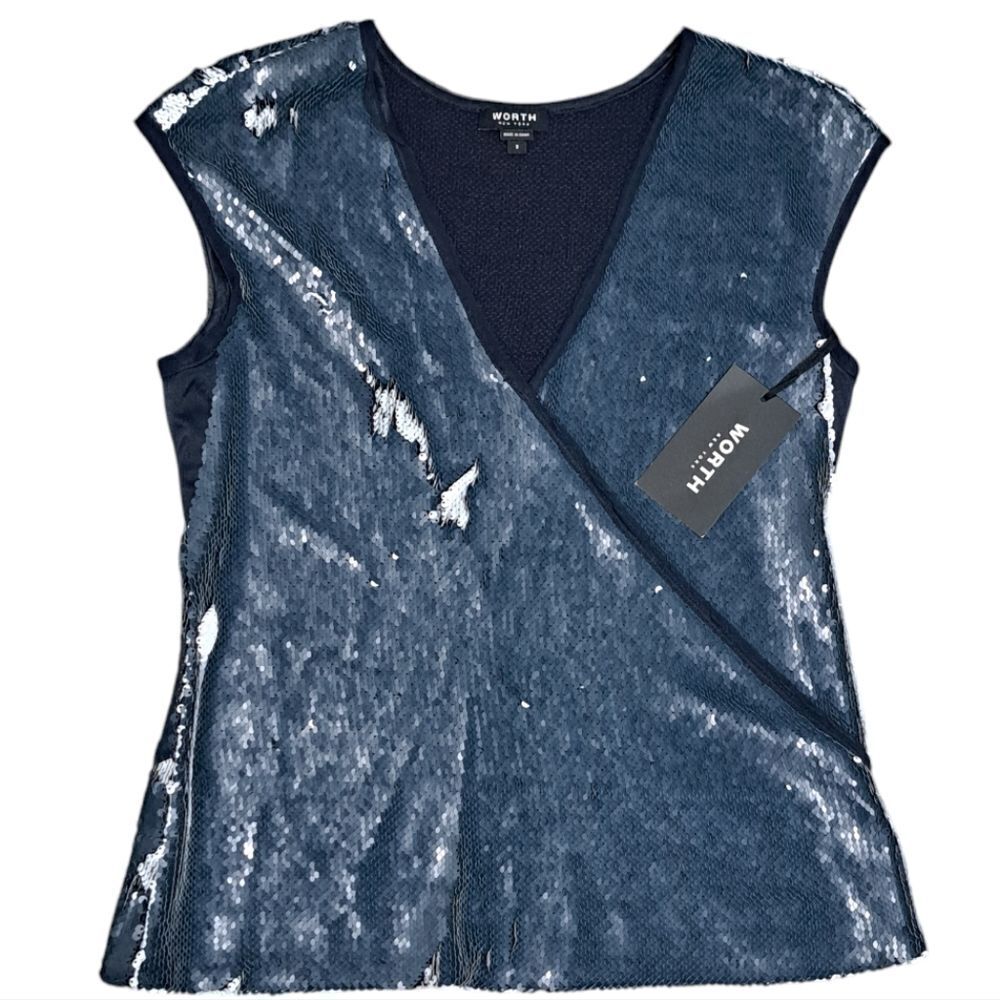 Worth New York Sequins Silk Holiday Top Size 2 Navy/White  NWTWorth New York Seq